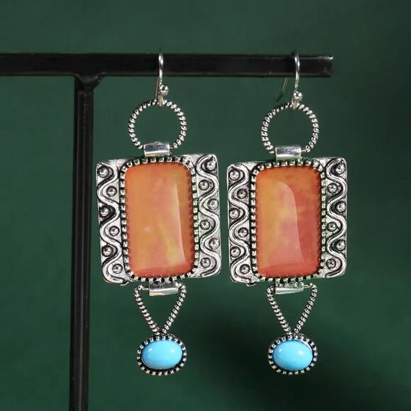 ✨🆕✨Boho Silver Plated Burnt Orange Turquoise Decor Stones  Drop Earrings 🔅✨ - Picture 1 of 12